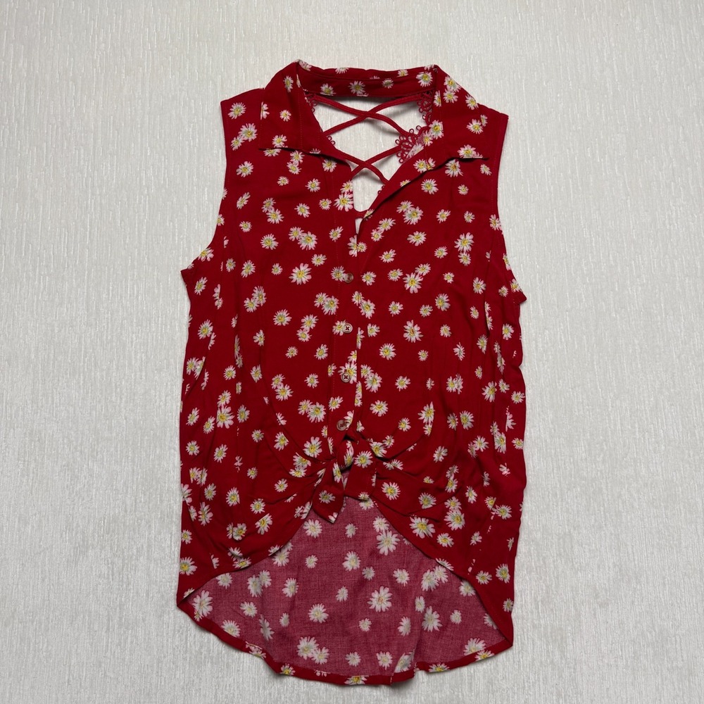 No Boundaries Womens Red Ditsy Floral Lace Criss Cross Sleeveless Shirt Medium